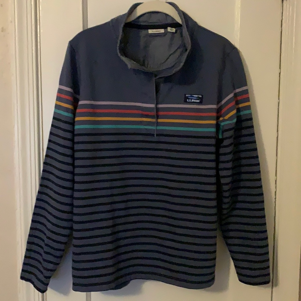LL BEAN BLUE MULTI STRIPE 1/4 BUTTON RUGBY SHIRT L